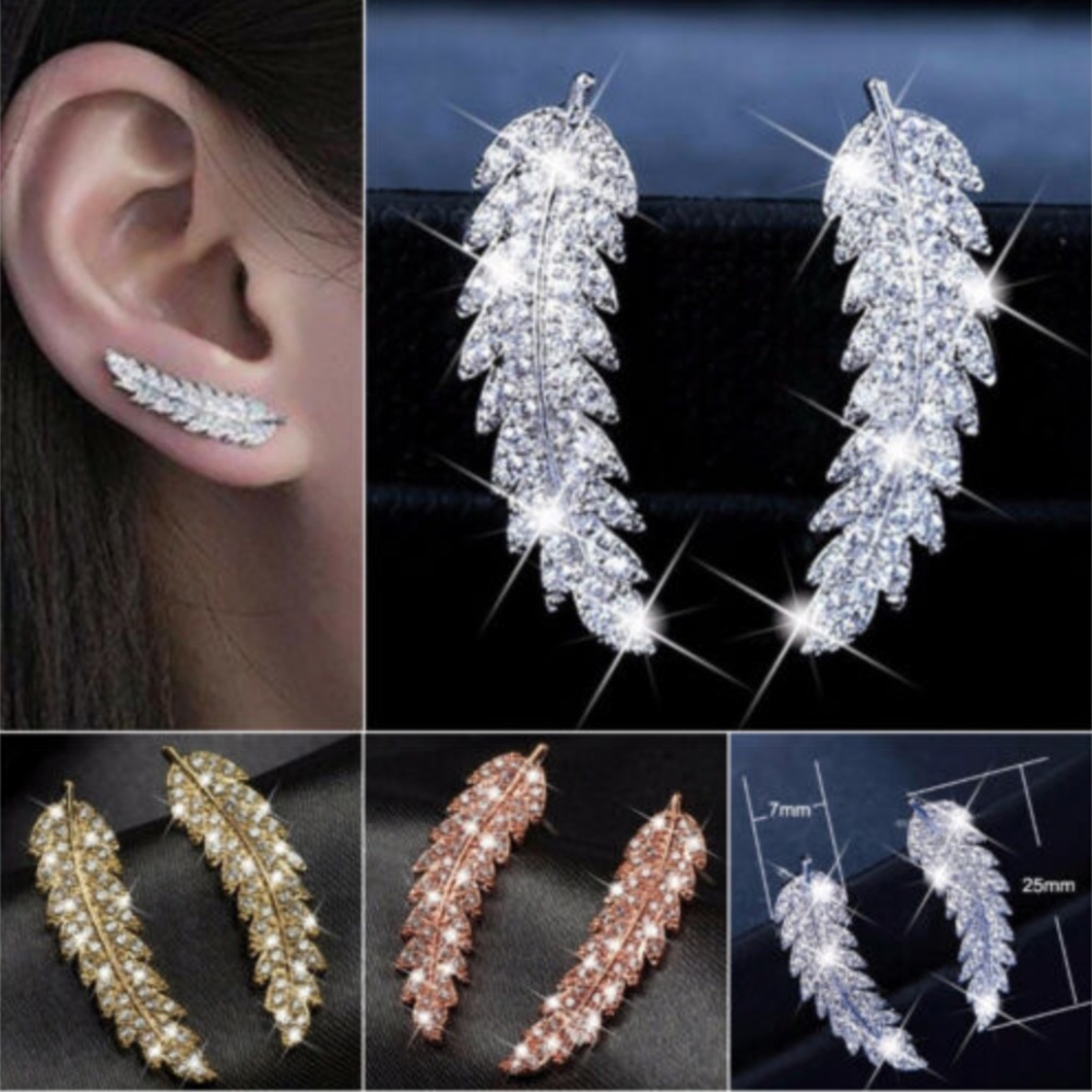 925 Silver Feather White Sapphire Stud Earrings, NICE EARRINGS, CUTE EARRINGS - Picture 2 of 3